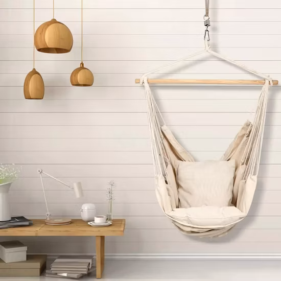 Chaise hamac en corde de coton avec macramé, chaise balançoire, balançoire de jardin, chaise suspendue hamac avec pompon, balançoire nid, balançoire panier